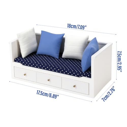 KH866 112 Scale Miniature Doll House Couch Mini Sofa Day Bed for 6 Inch Dolls High Simulation Upholstered Wooden Fabric Loveseat with Pillows Modern Living Room Furniture Realistic Model Decoration - Image 5