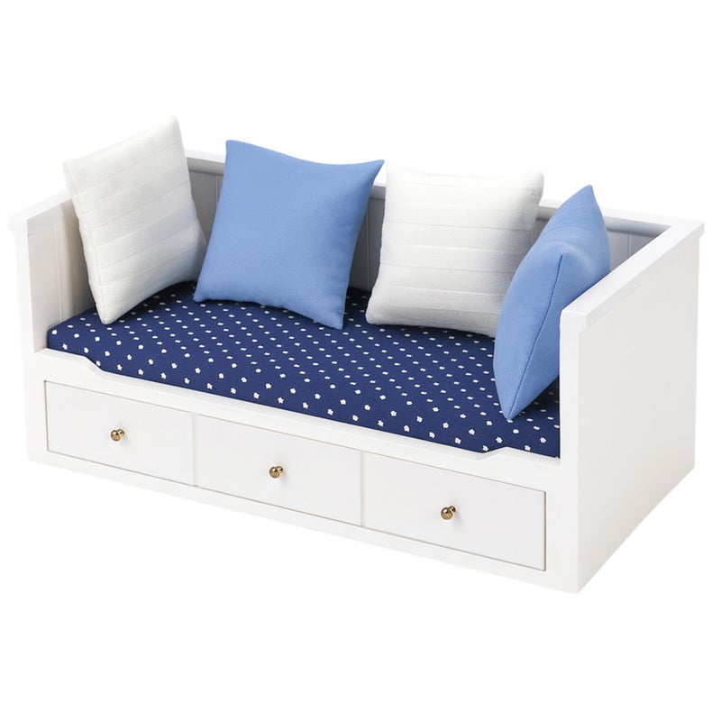 KH866 112 Scale Miniature Doll House Couch Mini Sofa Day Bed for 6 Inch Dolls High Simulation Upholstered Wooden Fabric Loveseat with Pillows Modern Living Room Furniture Realistic Model Decoration - Image 3