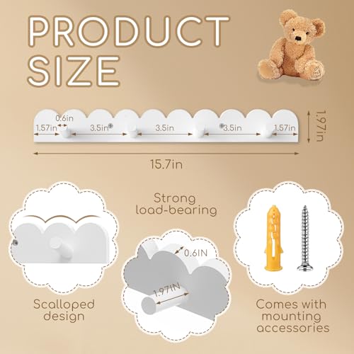 Leinuosen 2 Pack Scalloped Coat Rack Wall Mount Cute Nursery Wall Hook 16 Inch 8 Hooks Wood Backpack Hanger for Toddler Kids Clothes Hat Towel Keys Bathroom Classroom Playroom Nursery Decor - Image 3