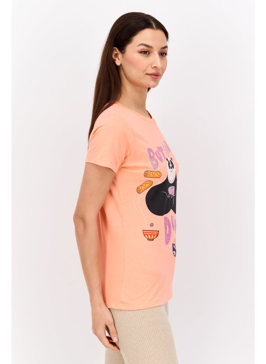 Kung Fu Panda Women Round Neck Short Sleeves Panda Print T-Shirt, Orange  - Image 2