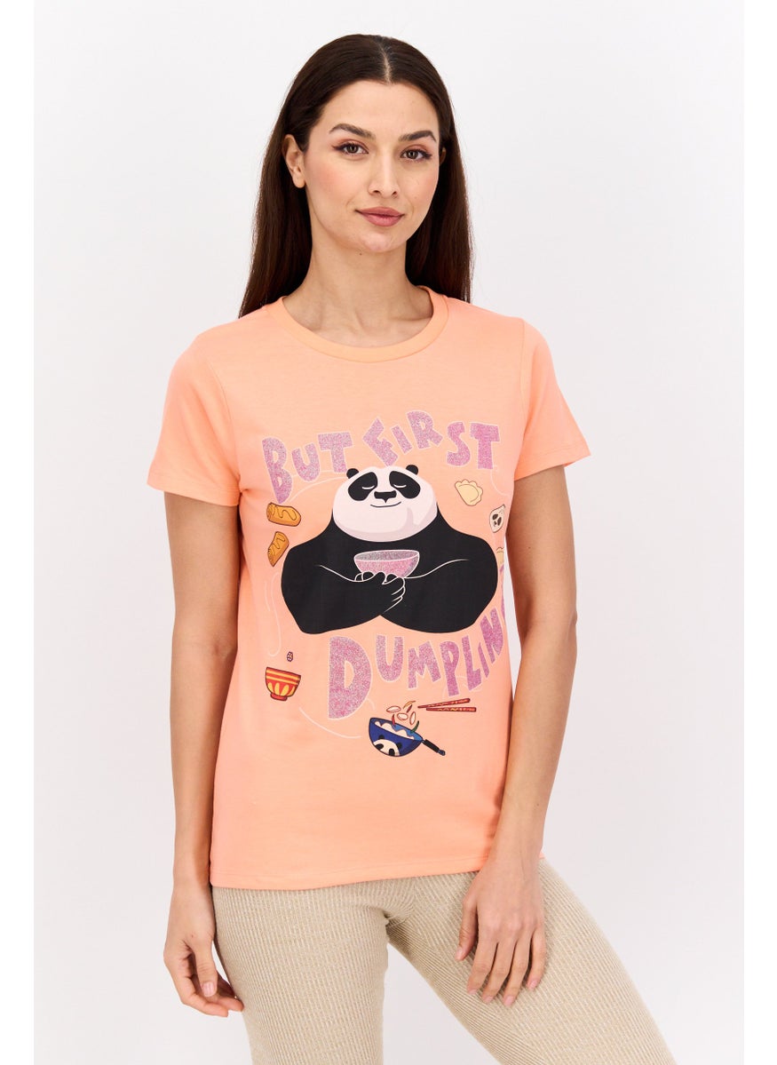 Kung Fu Panda Women Round Neck Short Sleeves Panda Print T-Shirt, Orange  - Image 1