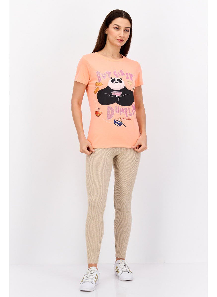 Kung Fu Panda Women Round Neck Short Sleeves Panda Print T-Shirt, Orange  - Image 4