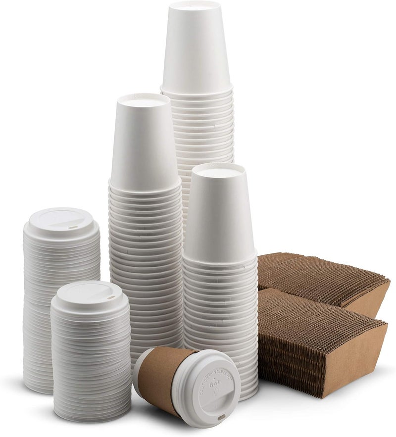 NYHI 200 Pack 8 oz White Paper Disposable Coffee Cups with Lids and Sleeves Hot Cold Beverage Drinking Cup for Water Juice Espresso Tea Ideal for Water Coolers Party - Image 1