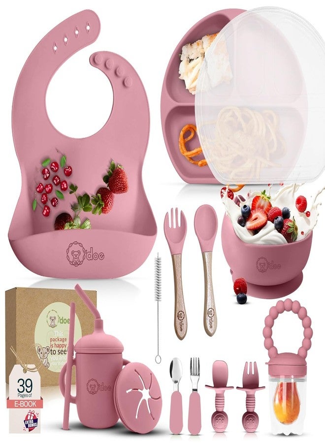 O'doe 17-Piece BPA-Free Silicone Baby Feeding Set | Thick & Soft Suction Plates, Baby Food Bowl, Wooden Fork & Spoon, and More | Make Mealtime Fun and Easy for Your Little One | Rose Pink V2 - Image 1