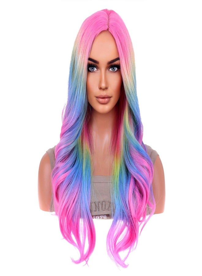BERON Rainbow Ombre Wigs Long Wavy Wig for Women Colorful Ombre Curly Heat Resistant Synthetic Hair Wigs for Daily Use with Wig Cap - Image 1