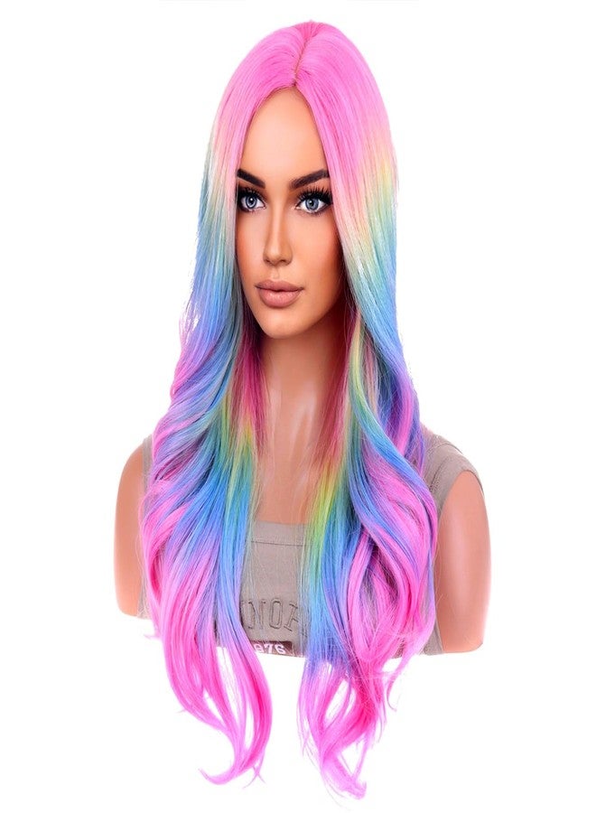 BERON Rainbow Ombre Wigs Long Wavy Wig for Women Colorful Ombre Curly Heat Resistant Synthetic Hair Wigs for Daily Use with Wig Cap - Image 2