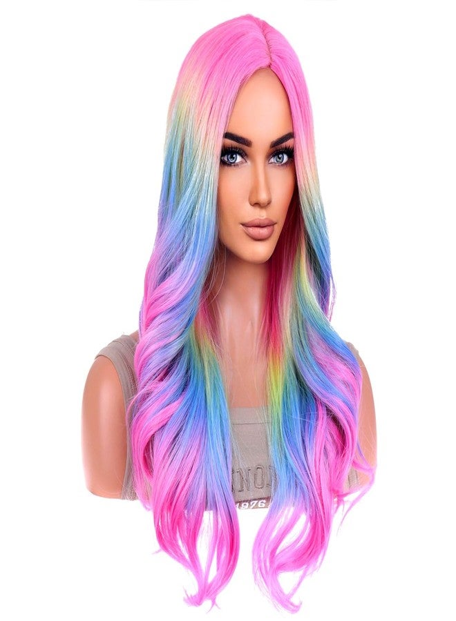 BERON Rainbow Ombre Wigs Long Wavy Wig for Women Colorful Ombre Curly Heat Resistant Synthetic Hair Wigs for Daily Use with Wig Cap - Image 3