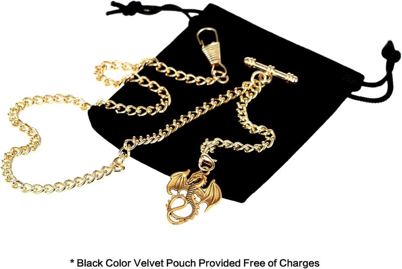 TREEWETO Men's Albert Chain Pocket Watch Curb Link Key Chain 2 Hooks with Antique Dragon Pendant Design Charm Fob T Bar - Image 2