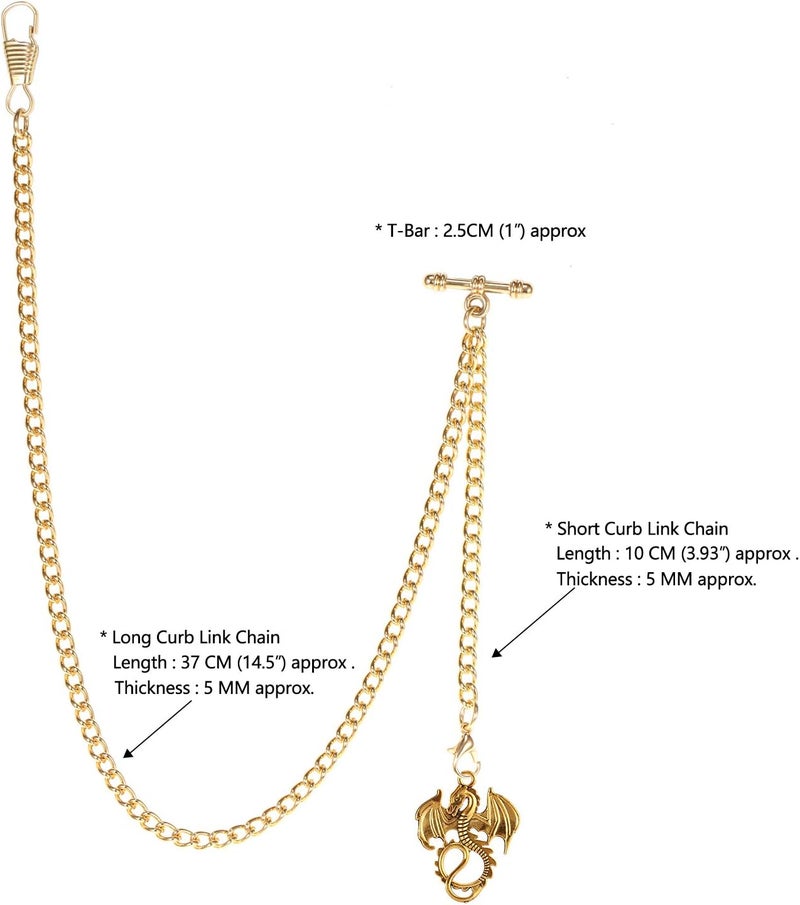 TREEWETO Men's Albert Chain Pocket Watch Curb Link Key Chain 2 Hooks with Antique Dragon Pendant Design Charm Fob T Bar - Image 5