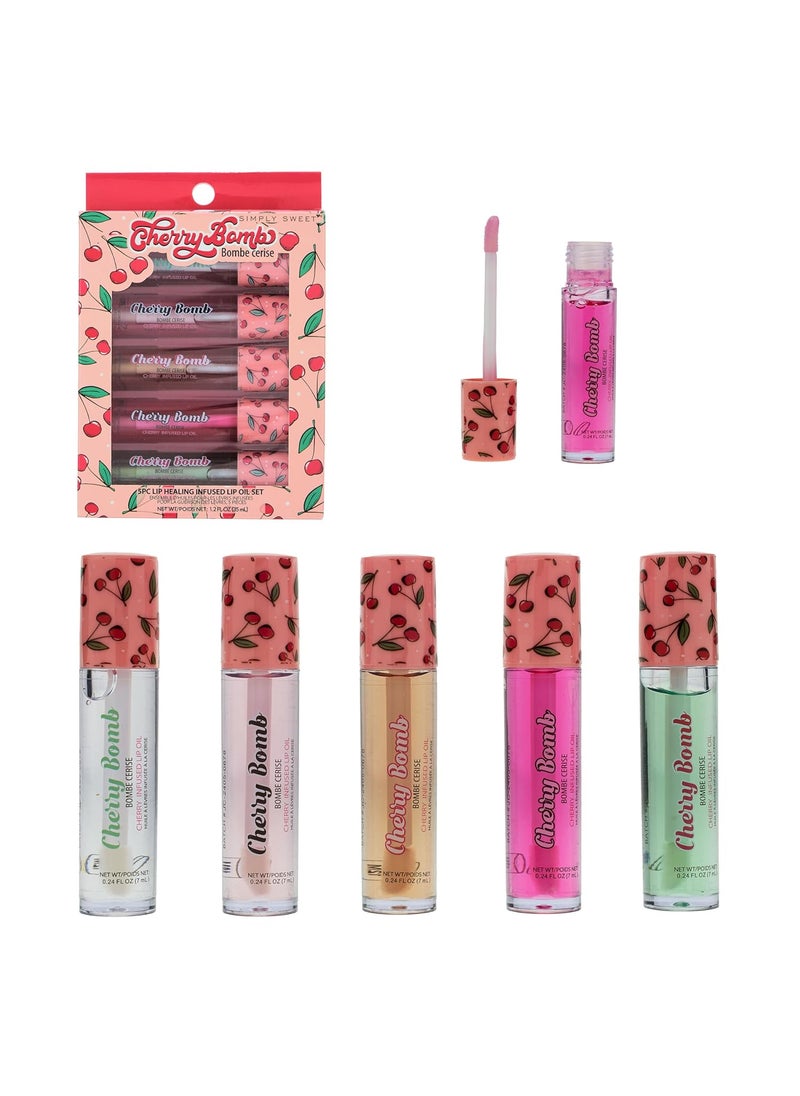 Expressions EXPRESSIONS 5pc Lip Oil Set  Cherry Bomb Lip Oils Lip Healing Cherry Infused Lip Oil Collection with Precision Applicator Wand Everyday Lip Care and Lip Repair CHERRY BOMB 
