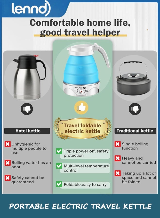 LENND Portable Electric Travel Kettle, 600ml Collapsible Silicone Kettle with Temperature Adjustment Function for Camping, Hotels and Travel (BLUE) - Image 5
