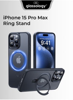 glassology iPhone 15 Pro Max Case 360°Rotatable Magnetic Ring Stand & Holder, High Grade Shockproof Back Phone Case Black  - Image 1