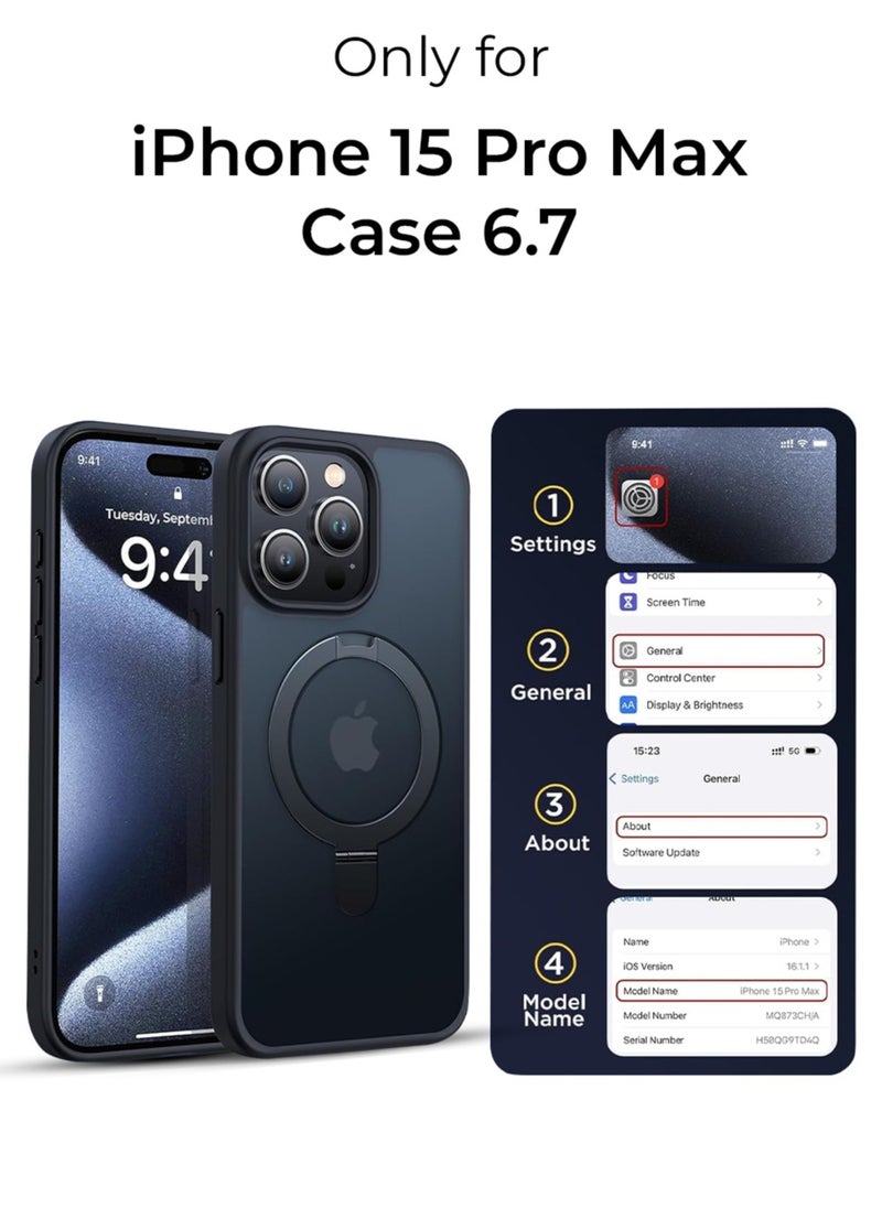 iPhone 15 Pro Max Case 360°Rotatable Magnetic Ring Stand & Holder, High Grade Shockproof Back Phone Case Black