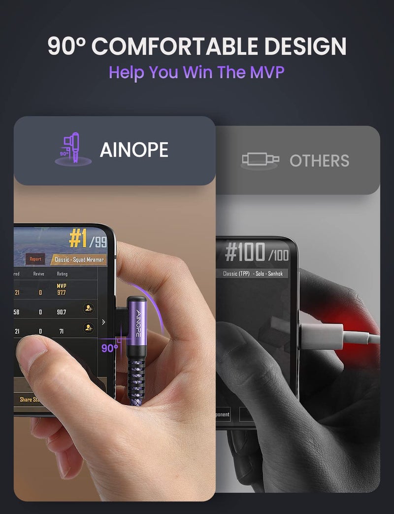 AINOPE USB C Cable 60W 2-Pack 10ft Nylon Braided USB C to USB C Cable Type C Charger Fast Charging Right Angle USBC Cable Charger Cord for iPhone 16 Pro Max 15 Plus Samsung S24 S23 iPad Pro Purple - Image 4