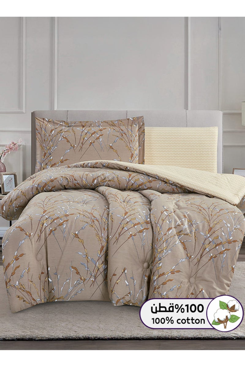 ميلين طقم مفرش سرير صيفي مفرد ونص قطن 100% - 4 قطع – يناسب سرير بمقاس 200x120 - فاليريا - بني - كريمي - Image 1