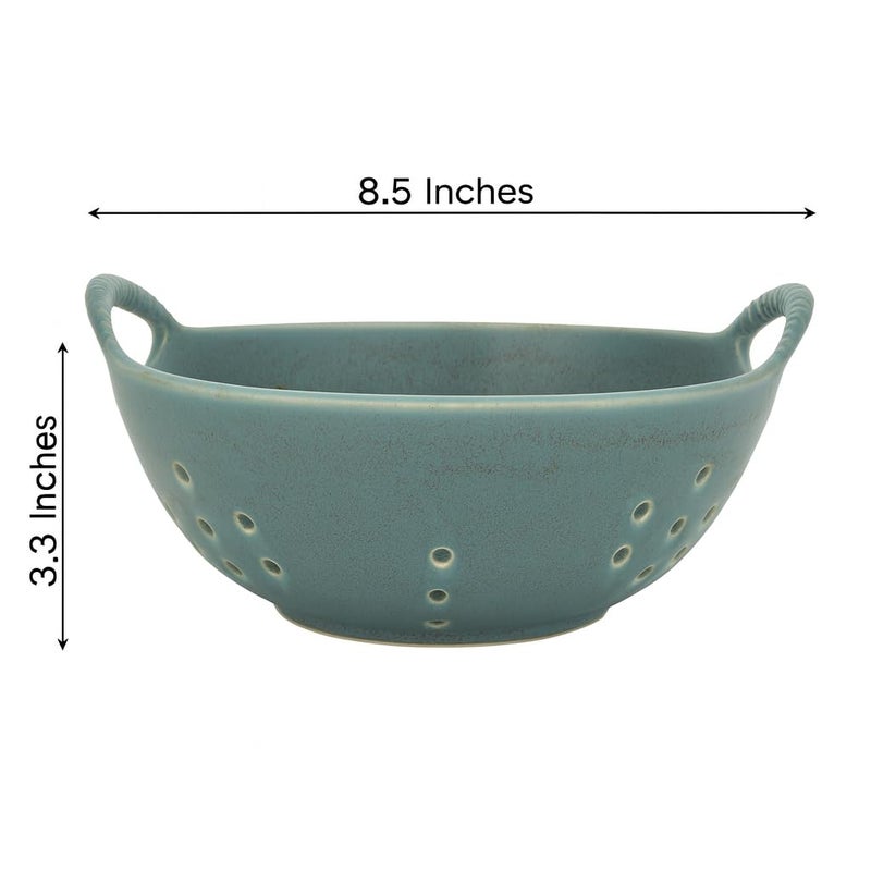 Amitofo Matte Glaze Ceramic Berry Colander Bowl with Handles â€“ 8.5" Handle-to-Handle Ã— 8" Bowl Dia Ã— 3.3" High â€“ Rustic Stoneware Drain Bowl for Fruit, Berries, and Kitchen Decor (Matte Green) - Image 2
