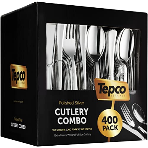 Tepco Settings طقم أدوات المائدة البلاستيكية الفضية 400 - طقم أدوات المائدة الفضية - طقم أدوات المائدة القابلة للتصرف - 200 شوكة - 100 ملعقة - 100 سكين - ثقيل الوزن - بالجملة للحفلات - Image 1