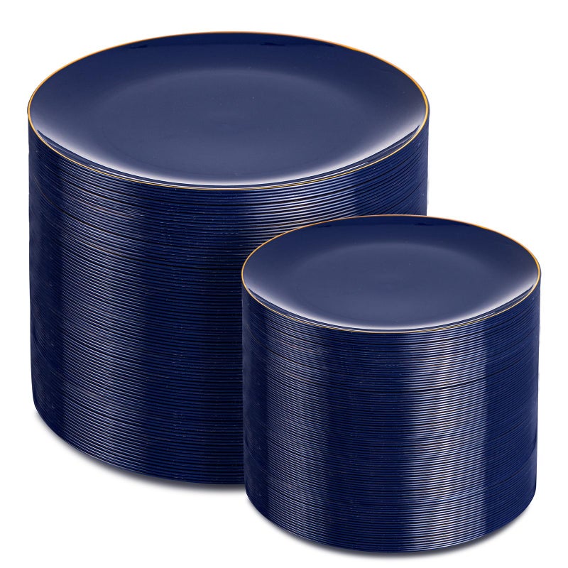 PULOTE 200 Pieces Blue Plastic Plates Navy Blue and Gold Disposable Include 100PCS 10 inch Dinner 100PCS 7 inch Dessert Plate for Party Hanukkah - Image 3