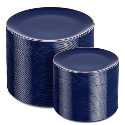 PULOTE 200 Pieces Blue Plastic Plates Navy Blue and Gold Disposable Include 100PCS 10 inch Dinner 100PCS 7 inch Dessert Plate for Party Hanukkah - Image 2
