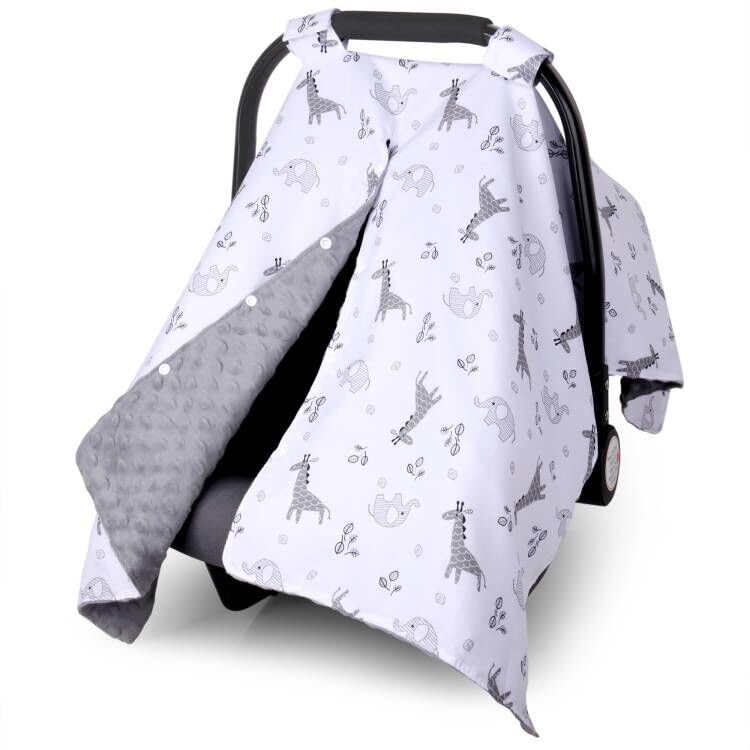 Metplus Metplus 2 in 1 Baby Car Seat Cover Car Seat Canopy for Babies Mom Nursing Cover Minky Baby Carrier Covers Newborn Boy Girl Shower Gift Elephant Giraffe