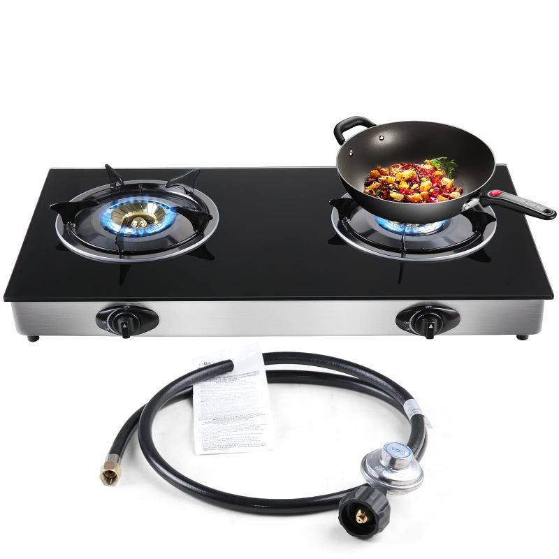forimo Propane Gas Cooktop 2 Burners Gas Stove portable gas stove Tempered Glass Double Burners Stove Auto Ignition Camping Double Burner LPG for RVApartmentsOutdoor
