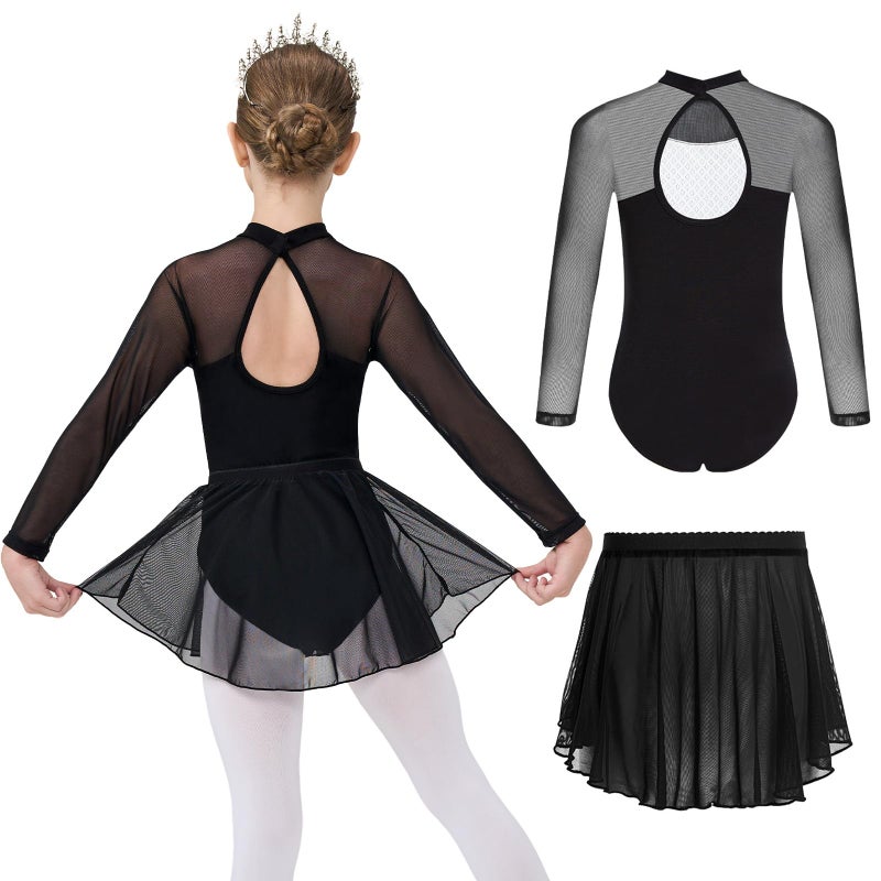 Gogokids Ballet Leotards for Girls Long Sleve Lace Leotards Toddler Dance Dress with Removable Skirt Combo for 3-12 Years - Image 1