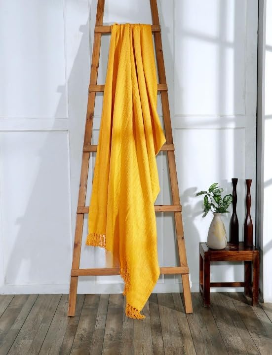 TIB® 100% Cotton Throw Blanket,127x152 cm, Throws for Sofa and Couch 3 Seater 300 TC with Fringes, (Yellow) - Image 1