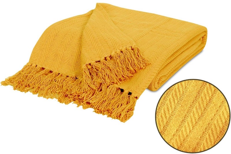 TIB® 100% Cotton Throw Blanket,127x152 cm, Throws for Sofa and Couch 3 Seater 300 TC with Fringes, (Yellow) - Image 2