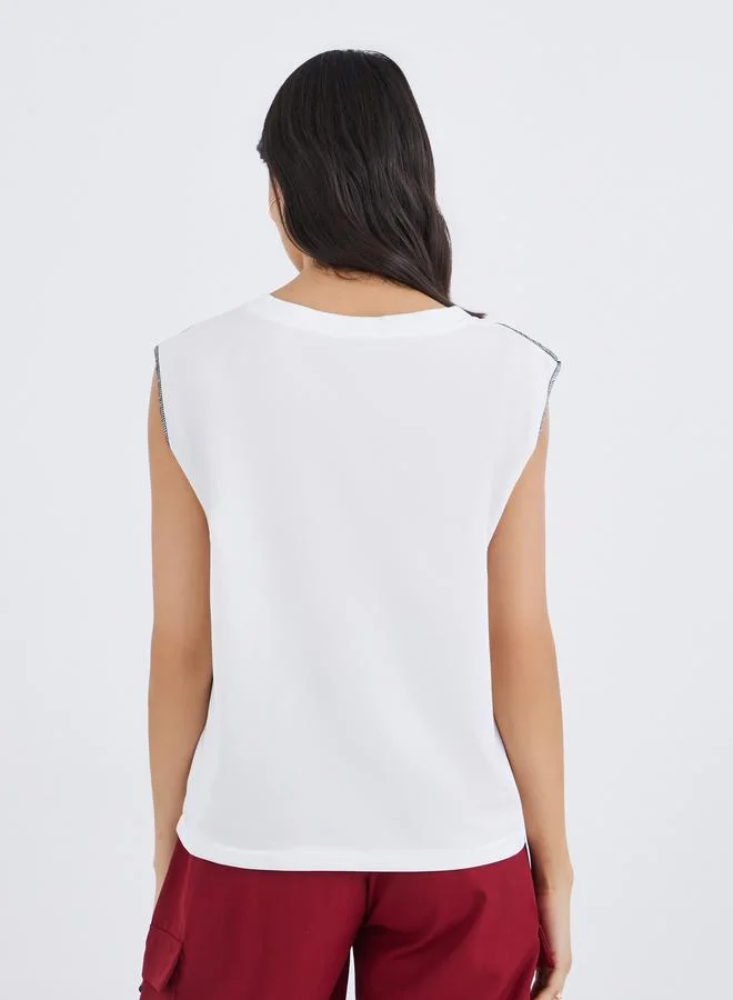 Take Two Take Two Graphic Print V Neck T-Shirt with Overlock Seam