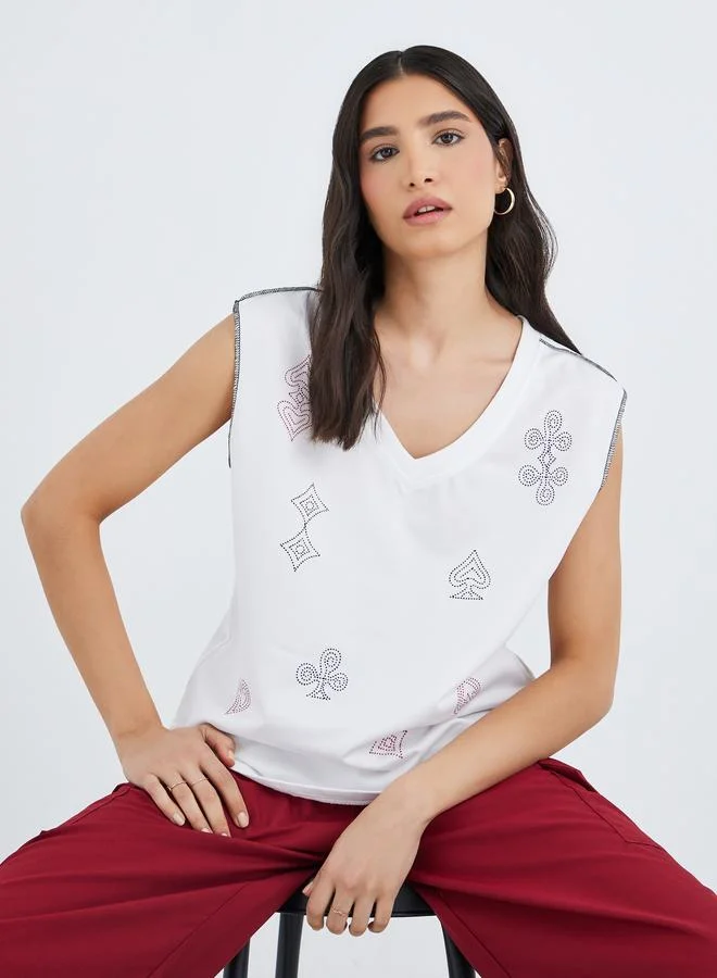 تايك تو Take Two Graphic Print V Neck T-Shirt with Overlock Seam