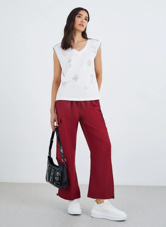 تايك تو Take Two Graphic Print V Neck T-Shirt with Overlock Seam