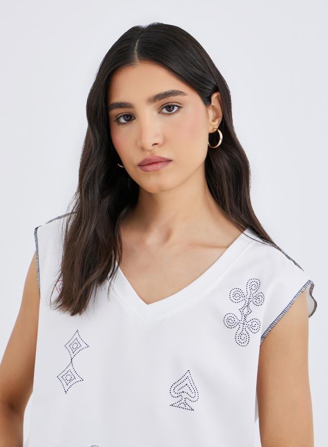 Take Two Graphic Print V Neck T-Shirt with Overlock Seam - Image 3