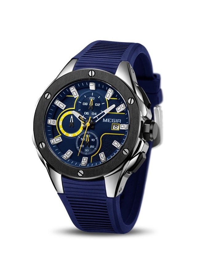 MEGIR Men's Sports Analogue Army Military Chronograph Luminous Quartz Watch with Stylish Blue Silicone Strap for Gifts (2053 Blue) - Image 1
