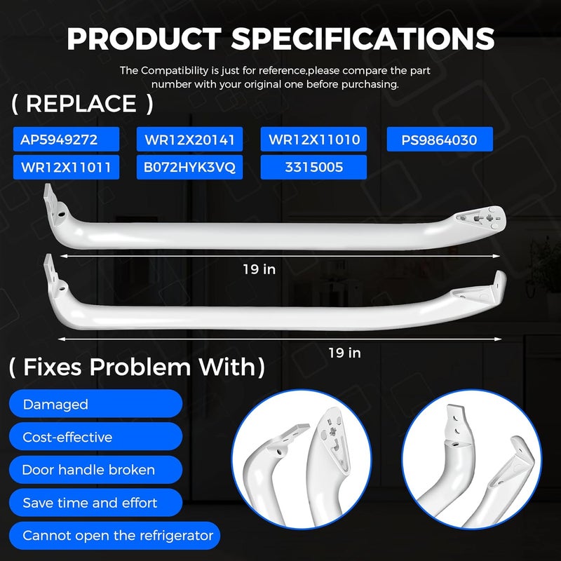 Romalon WR12X22148 Refrigerator Door Handle Set Fit for GE Refrigerator Freezer Door Handle Replace WR12X20141 PS9864030 AP5949272 WR12X11010 gth18gbddrww - Image 3