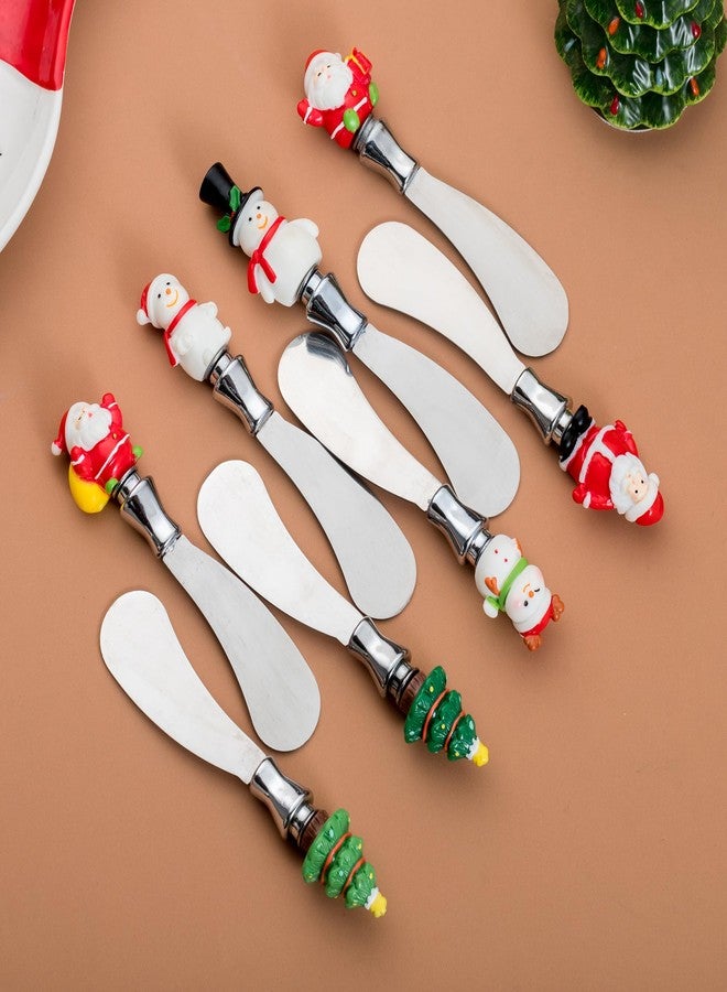 HPYNPES مجموعة ملاعق جبن عيد الميلاد من HPYNPES، 8 قطع - مقابض راتنجية مطلية يدويًا بزخارف العيد وشفرات من الفولاذ المقاوم للصدأ - سكاكين زبدة احتفالية للجبن والمربى والدهون القابلة للدهن - ديكور تقديم مقبلات حفلات عيد الميلاد - Image 3