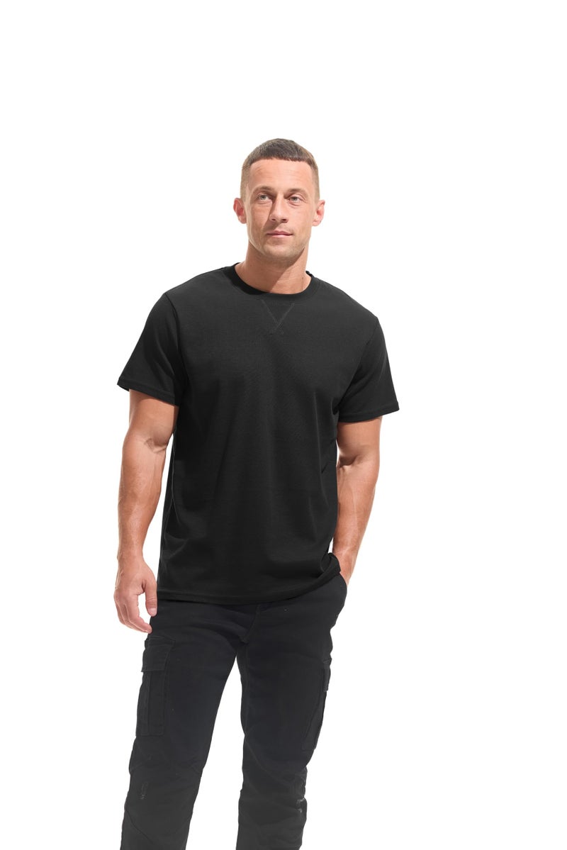 VEIISAR Men's Mini Waffle Knit Crew Neck T-Shirt - 210gsm Ultra-Fine Textured Cotton Tee - 1mm Micro Grid Breathable Top（ Black L） - Image 5