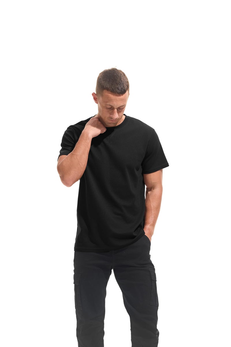 VEIISAR Men's Mini Waffle Knit Crew Neck T-Shirt - 210gsm Ultra-Fine Textured Cotton Tee - 1mm Micro Grid Breathable Top（ Black L） - Image 3