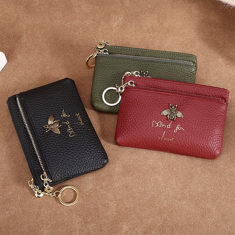 First Layer Cowhide Little Bee Women'S Zipper Genuine Leather Coin Purse Genuine Leather Key Ring Bag Mini Coin Bag - Image 4
