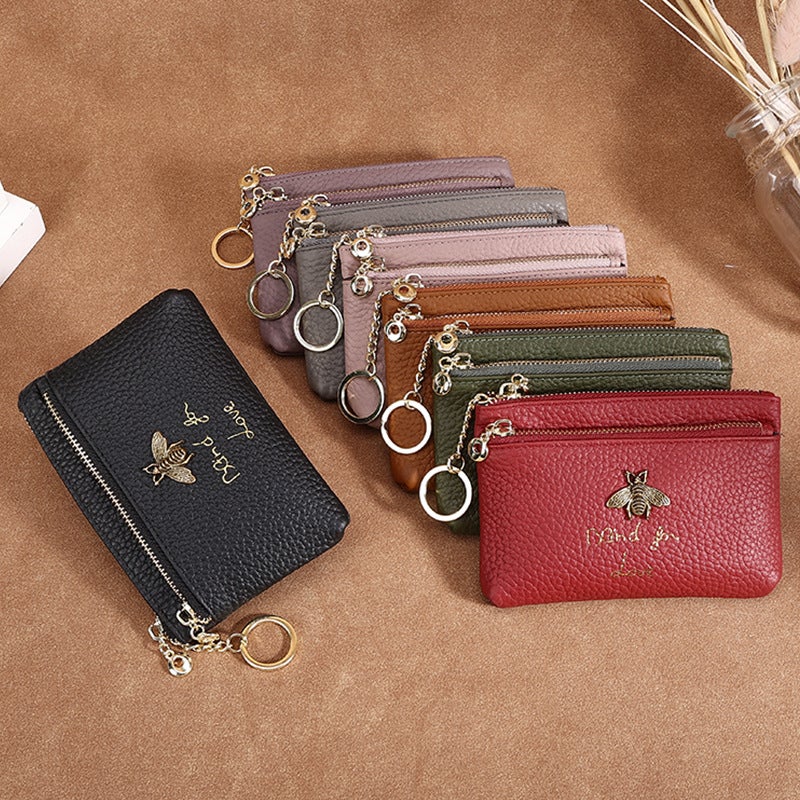 First Layer Cowhide Little Bee Women'S Zipper Genuine Leather Coin Purse Genuine Leather Key Ring Bag Mini Coin Bag - Image 2