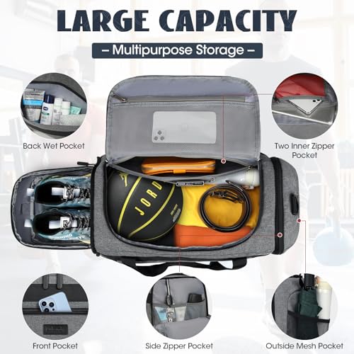 IGOLUMON Gym Bag for Men 40L Sports Duffel Bags Gym Duffle Bag Women with Shoe Compartment & Wet Pocket Water Resistant Travel Duffel Bag Lightweight Weekender Overnight Bag Gray - Image 3