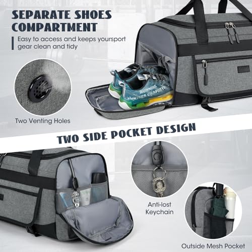 IGOLUMON Gym Bag for Men 40L Sports Duffel Bags Gym Duffle Bag Women with Shoe Compartment & Wet Pocket Water Resistant Travel Duffel Bag Lightweight Weekender Overnight Bag Gray - Image 4