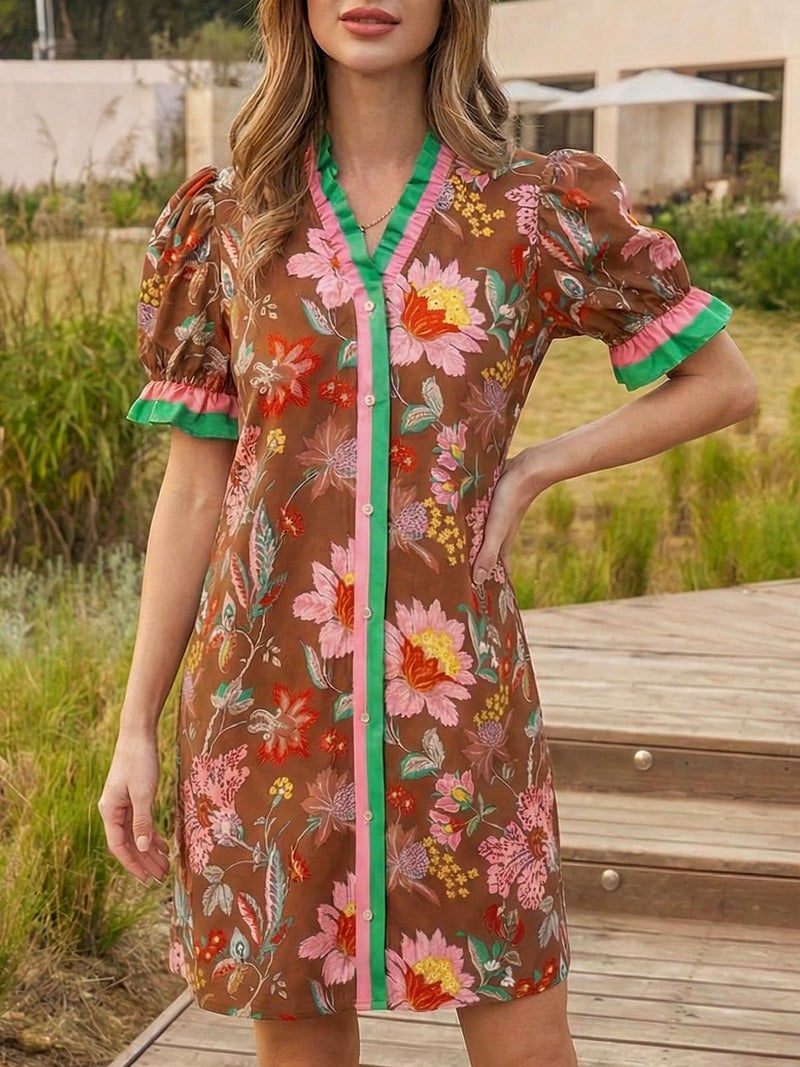 Wenrine Womens Summer Mini Dresses Casual Floral Puff Short Sleeve V Neck Button Down Ruffle Beach Sundress with Pockets Brown - Image 2