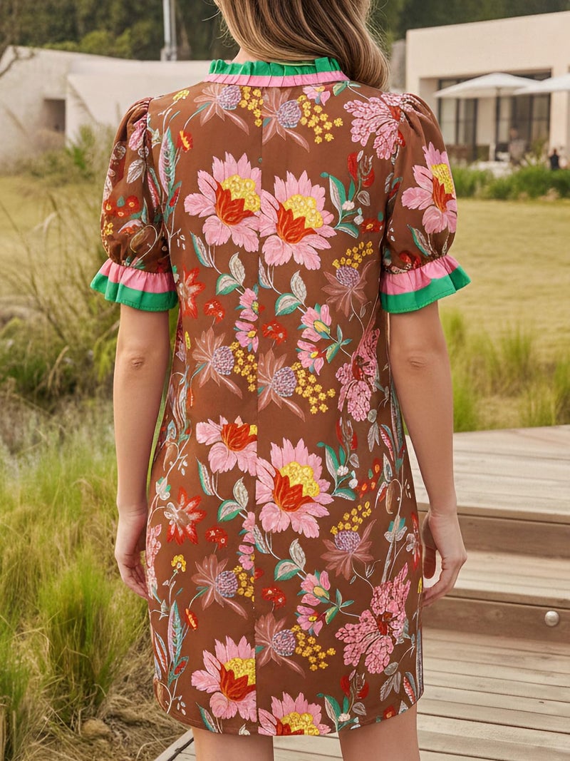 Wenrine Womens Summer Mini Dresses Casual Floral Puff Short Sleeve V Neck Button Down Ruffle Beach Sundress with Pockets Brown - Image 5