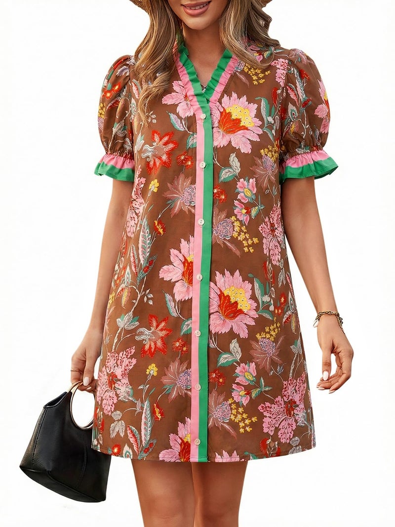 Wenrine Womens Summer Mini Dresses Casual Floral Puff Short Sleeve V Neck Button Down Ruffle Beach Sundress with Pockets Brown - Image 1