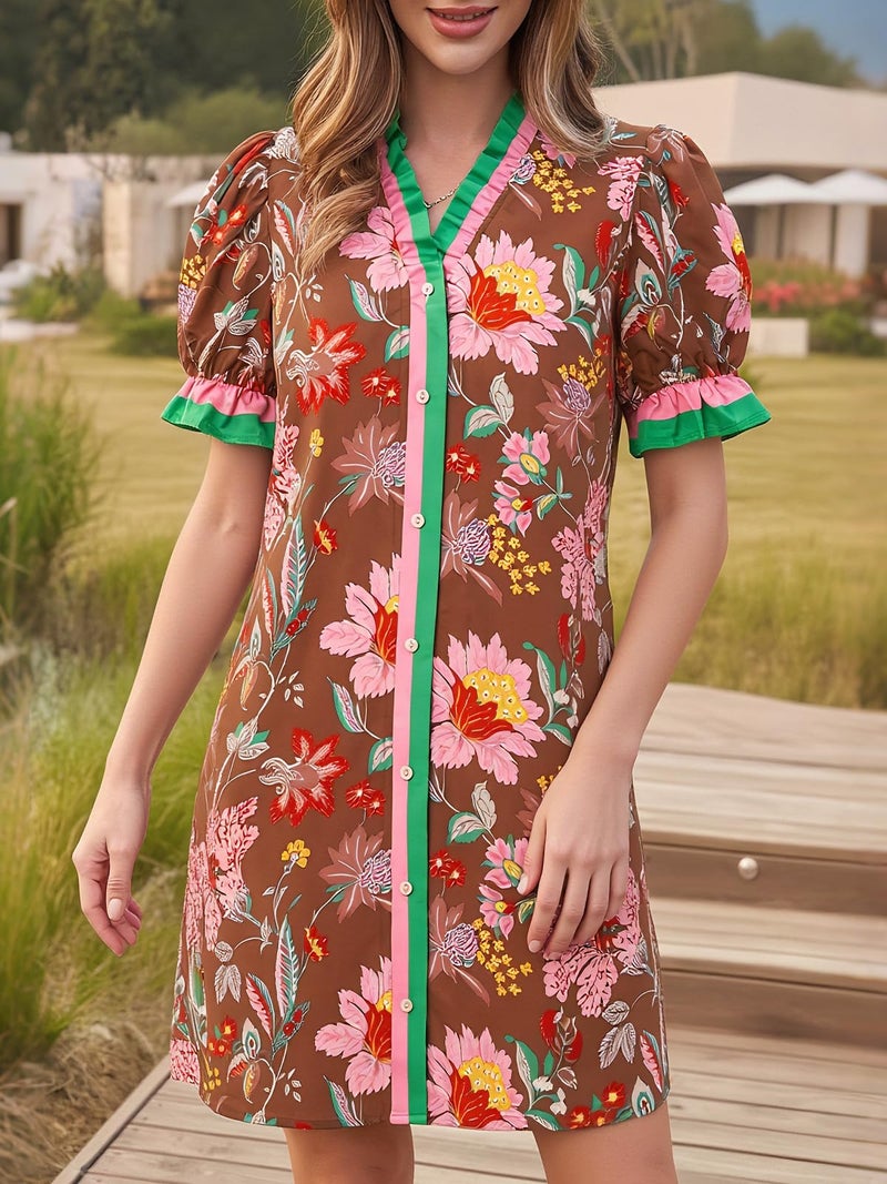 Wenrine Womens Summer Mini Dresses Casual Floral Puff Short Sleeve V Neck Button Down Ruffle Beach Sundress with Pockets Brown - Image 4
