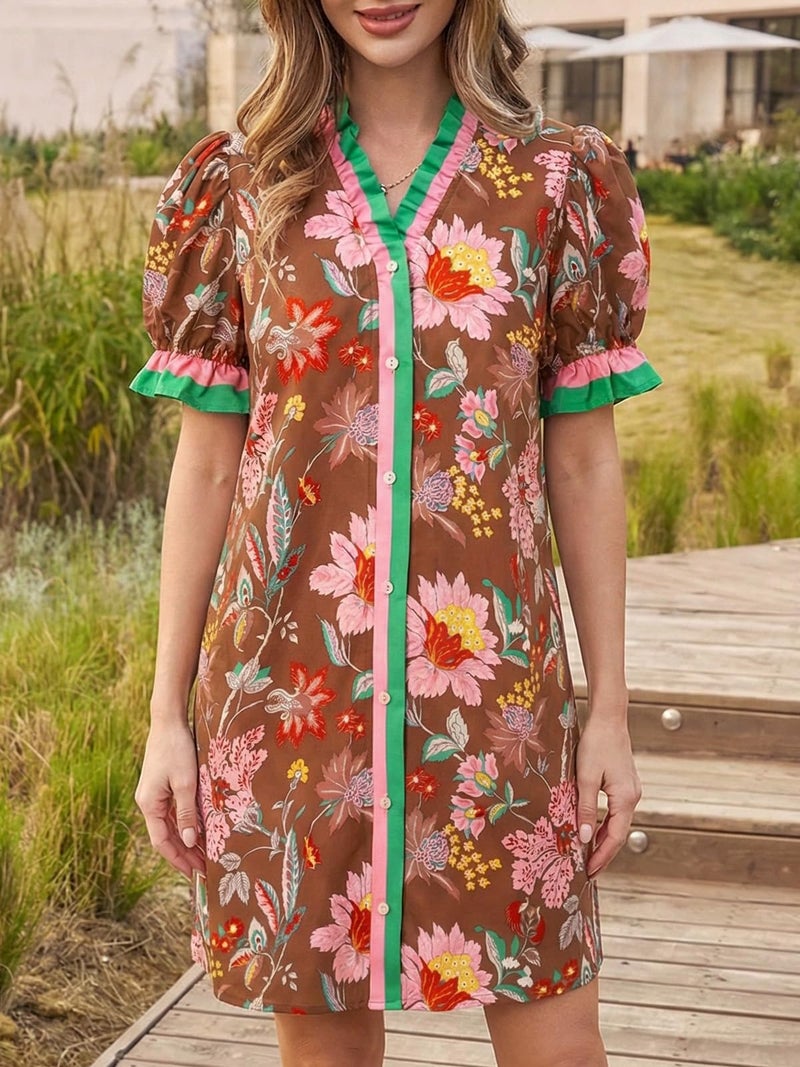 Wenrine Womens Summer Mini Dresses Casual Floral Puff Short Sleeve V Neck Button Down Ruffle Beach Sundress with Pockets Brown - Image 3