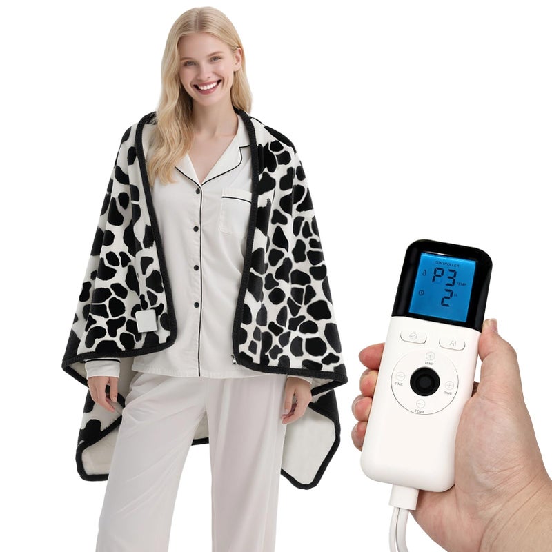 Mrsenloi Heated Wearable Shawl, Heated Blanket Electric Throw for Gifts, 33x59 Inch Super Cozy Soft Wearable Blanket with 6 Heating Levels & 5 Timer Settings, Auto Shut Off, Machine Wash (Cow Print) - Image 1
