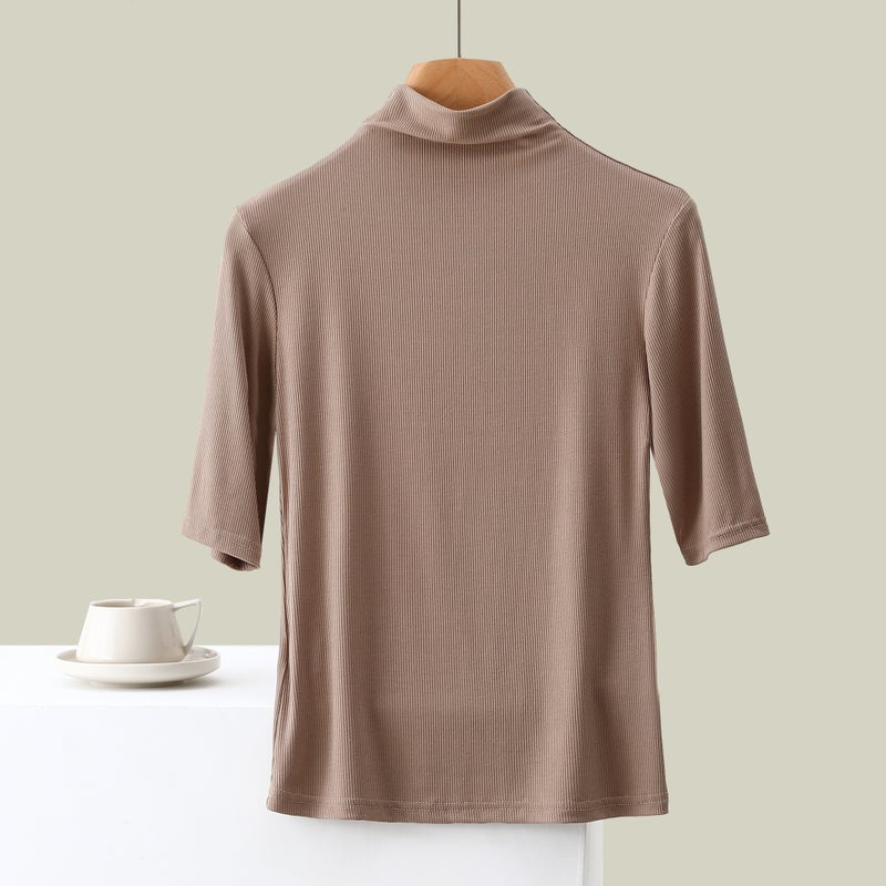 Ribbed Women'S High-Neck Five-Quarter Sleeve Round-Neck T-Shirt Base Layer Solid Color Casual Inner Wear Style - Image 1