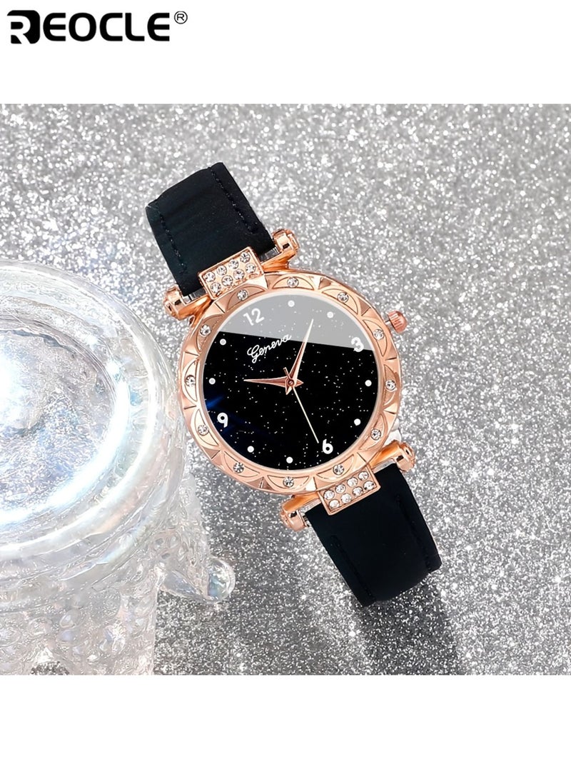 ريوكل نسائي نمط بسيط الكوارتز ووتش والمجوهرات مجموعة مع جولة سبائك الزنك حالة جلد صناعي الفرقة مؤقت وظيفة زر البطارية متضمنة مناسبة لعيد الحب عيد الفصح عيد الهالوين عيد ميلاد ارتداء اليومي للحفلات مناسبات خاصة أنيقة عملية للنساء للسيدات للكبار هدايا عيد الميلاد - Image 2