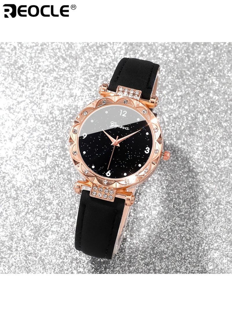 ريوكل نسائي نمط بسيط الكوارتز ووتش والمجوهرات مجموعة مع جولة سبائك الزنك حالة جلد صناعي الفرقة مؤقت وظيفة زر البطارية متضمنة مناسبة لعيد الحب عيد الفصح عيد الهالوين عيد ميلاد ارتداء اليومي للحفلات مناسبات خاصة أنيقة عملية للنساء للسيدات للكبار هدايا عيد الميلاد - Image 3